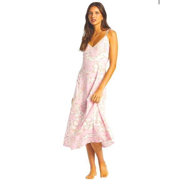 Billabong Sweet Sunshine V-Neck Pink Floral Midi Dress Size Large - Picture 1 of 10